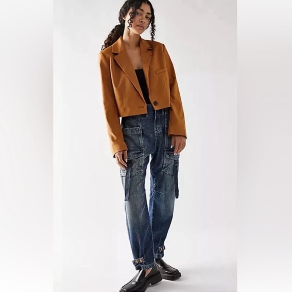 Free People Hazel Pull On Drop Waist Jeans Cargo Pockets Smocked Waist size L